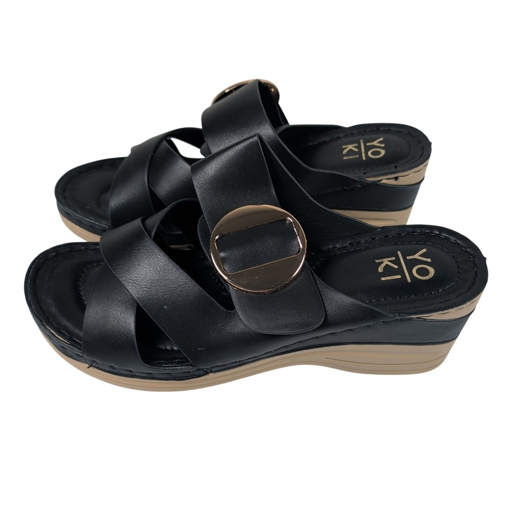 Yoki Womens 8 Irena Sandals Black Wedge Platform Buckle Slide Comfort Casual